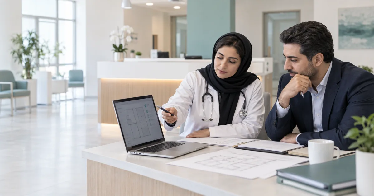 پزشک و مشاور در حال بررسی ساختار حقوقی و مجوز مرکز درمانی