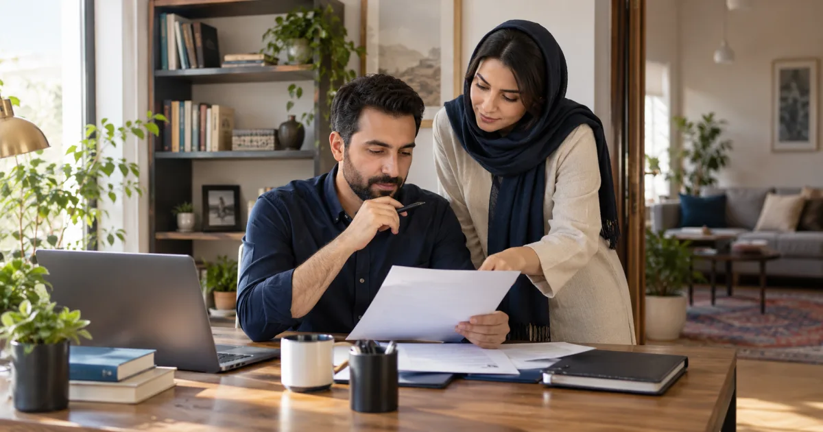 بررسی مدارک ثبت شرکت در یک فضای کار خانگی منظم